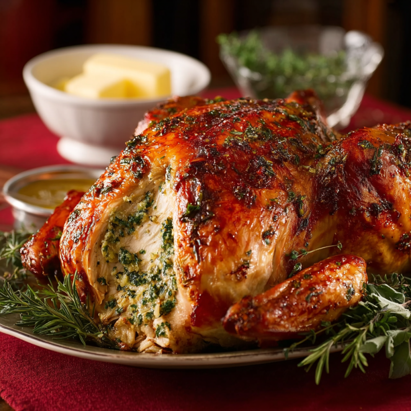 Ein ganzes, gebratenes, mit Herb-Butter geschmolzenes, zerlegtes und mit Kräutern verziertes, zartes, roastes Truthuhn.