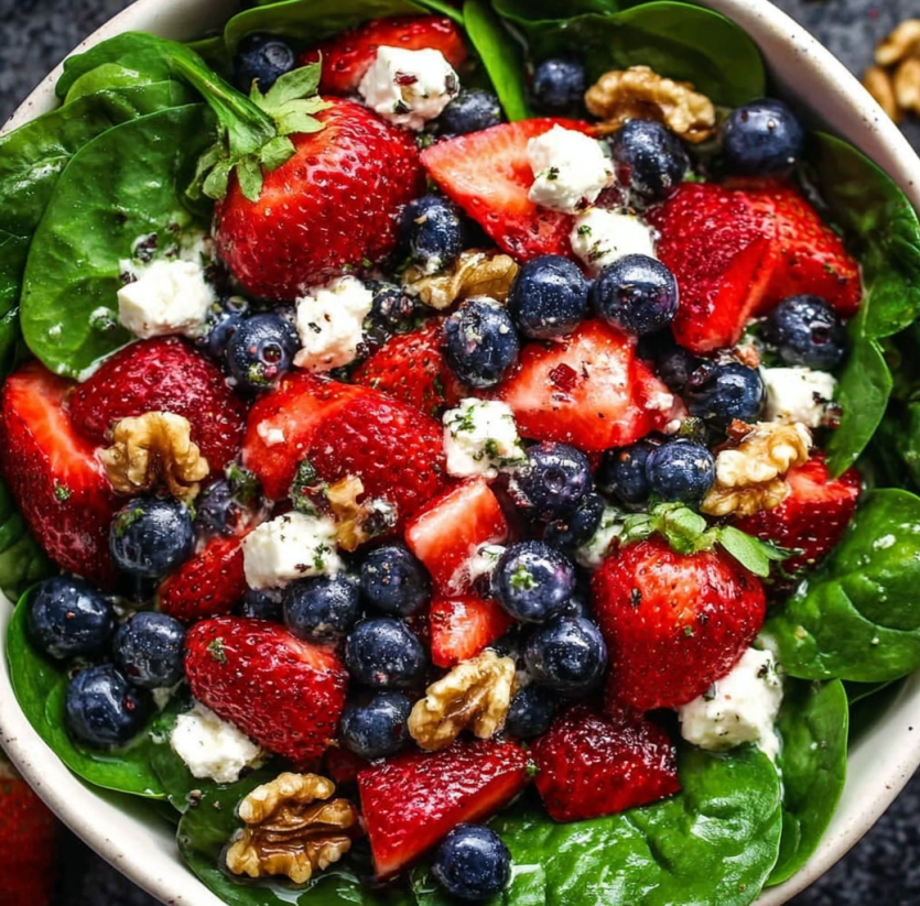 Ein Glas mit einer frischen Strawberry Spinach Salat, der mit Nüssen und Käse garniert ist.