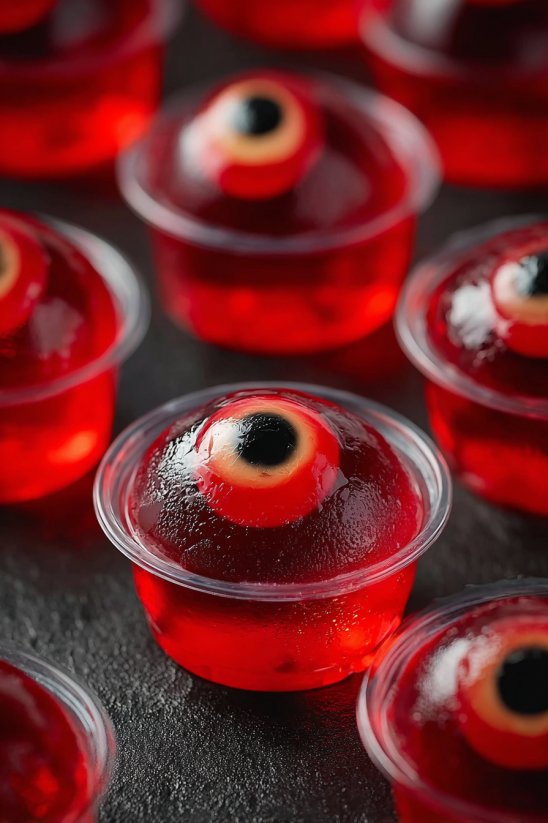 Eine Rezeptbilder mit Jello-Shots, die wie Augen aussehen.