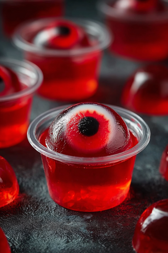 Ein Jello Shot mit einem Eyeball-Design, der als Halloween-Rezept dient.