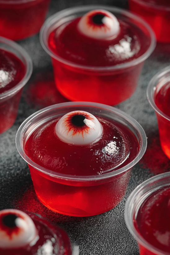 Ein Jello-Shot mit einem Eyeball-Design, das aus einer Kombination von rotem und schwarzem Jello hergestellt wurde.