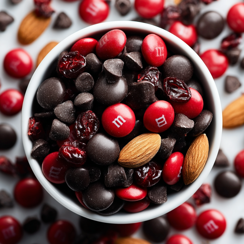 Ein weißer Becher mit Vampire Bite Trail Mix, der aus M&M's, Nüssen und Schokolade besteht.