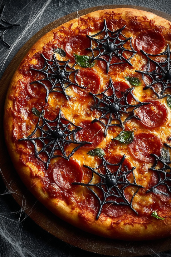 Eine Pizza mit Halloween-Spider-Web-Design.