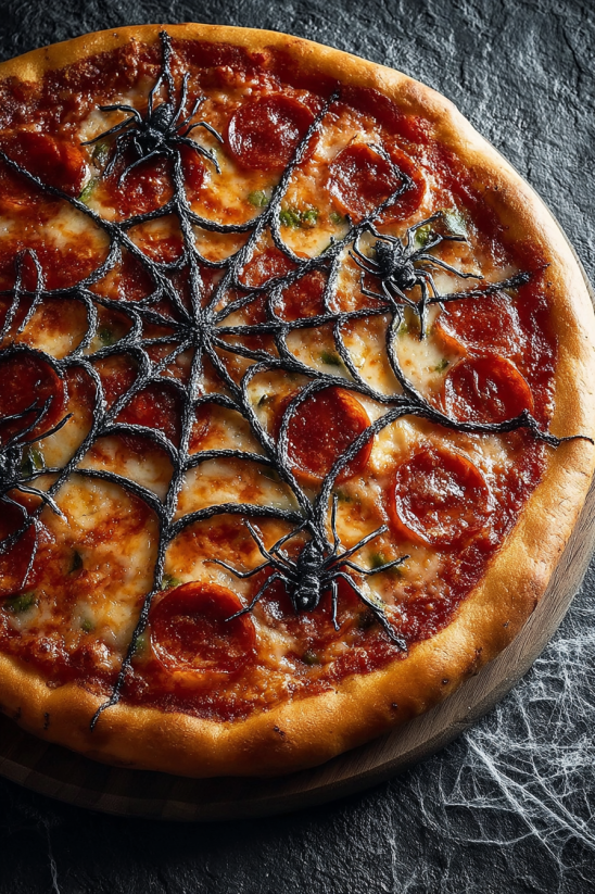 Eine Pizza mit Spinnen als Dekorationsmotiv.