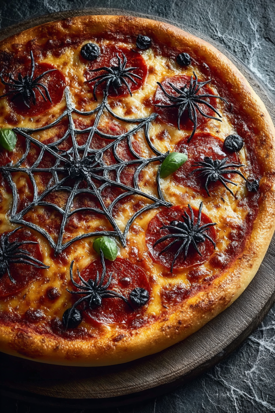 Eine Pizza mit Halloween-Spider-Web-Design.