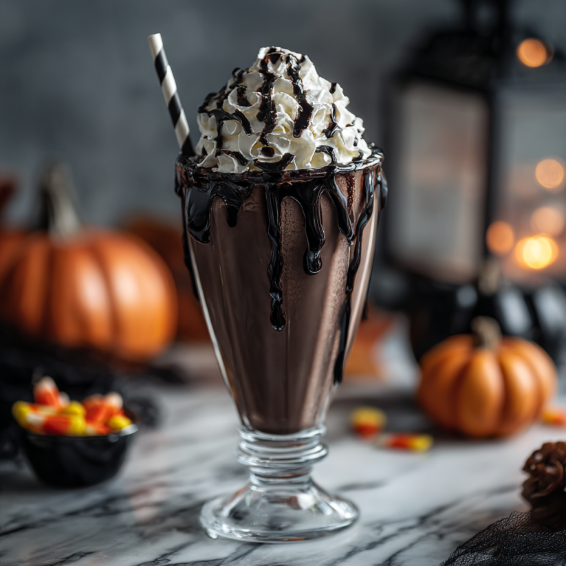 Ein Glas mit schwarzem Milchshake, der mit Schokoladensoße und Schokoladensirup garniert ist.