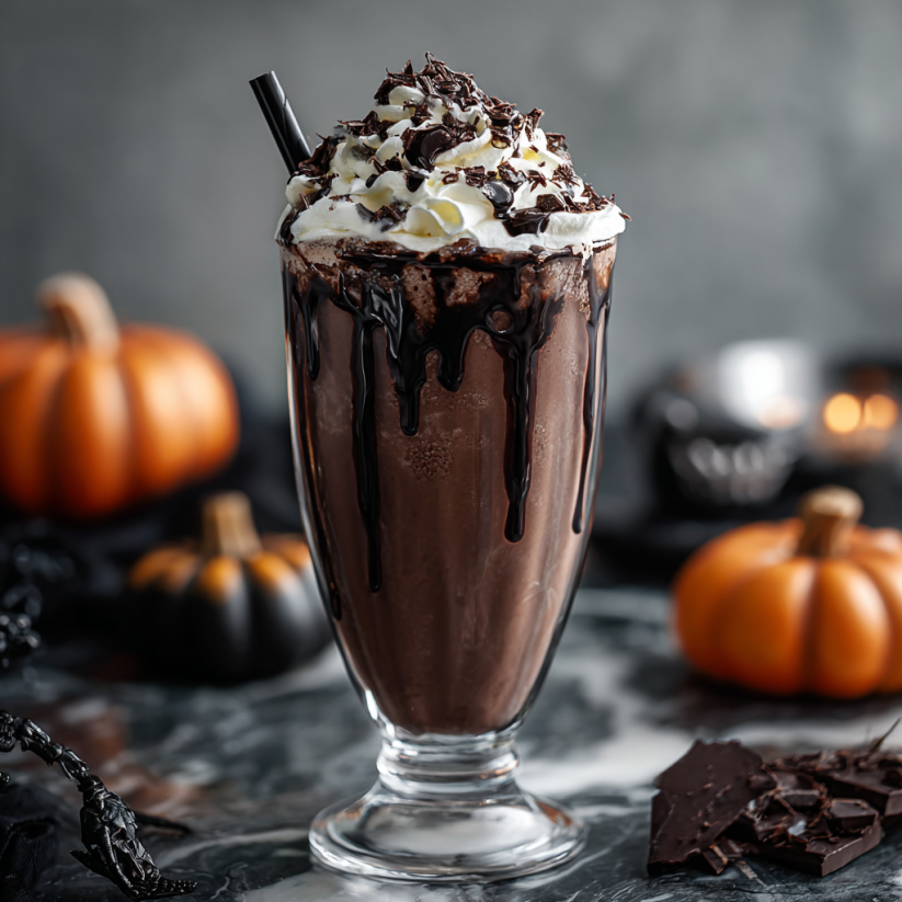 Ein Glas mit schwarzem Milchshake, der mit Schokoladenschaumküsse garniert ist.