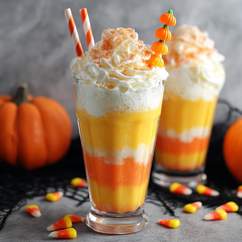 Zwei Gläser mit Candy Corn Martini Milkshake auf einem Tisch.