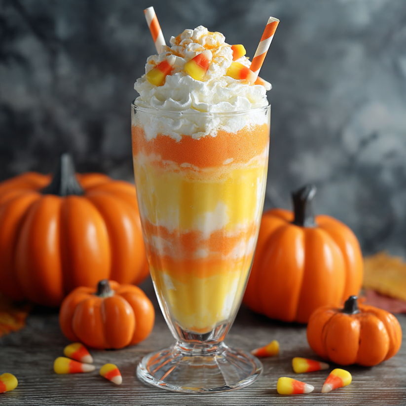 Ein Candy Corn Martini Milkshake mit Candy Corns und Pumpkins als Zutaten.