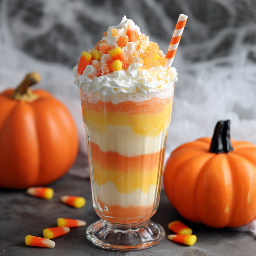 Ein Candy Corn Martini Milkshake mit einer Stange, die in den Milkshake eindringt.