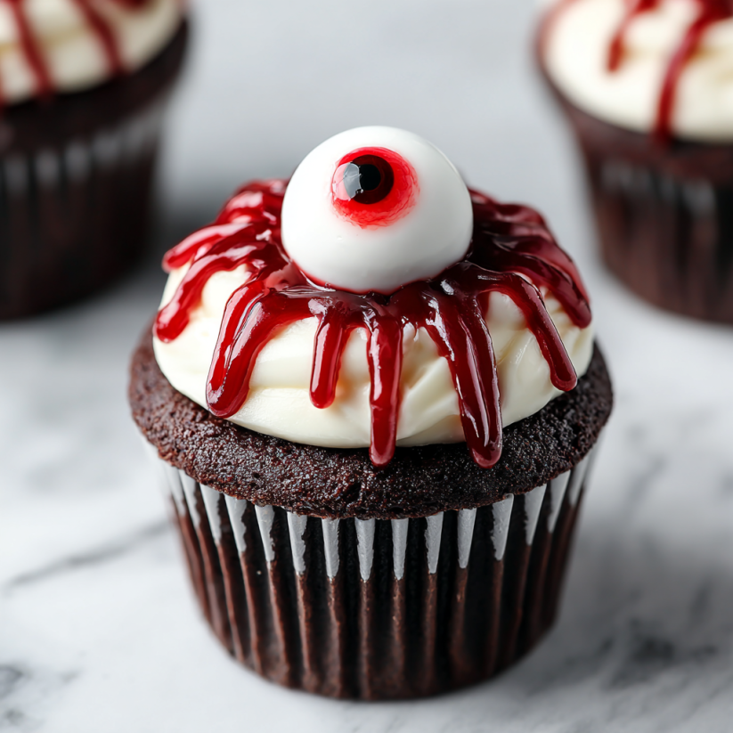 Ein Cupcake mit einem Eyeball-Design auf dem Deckel.