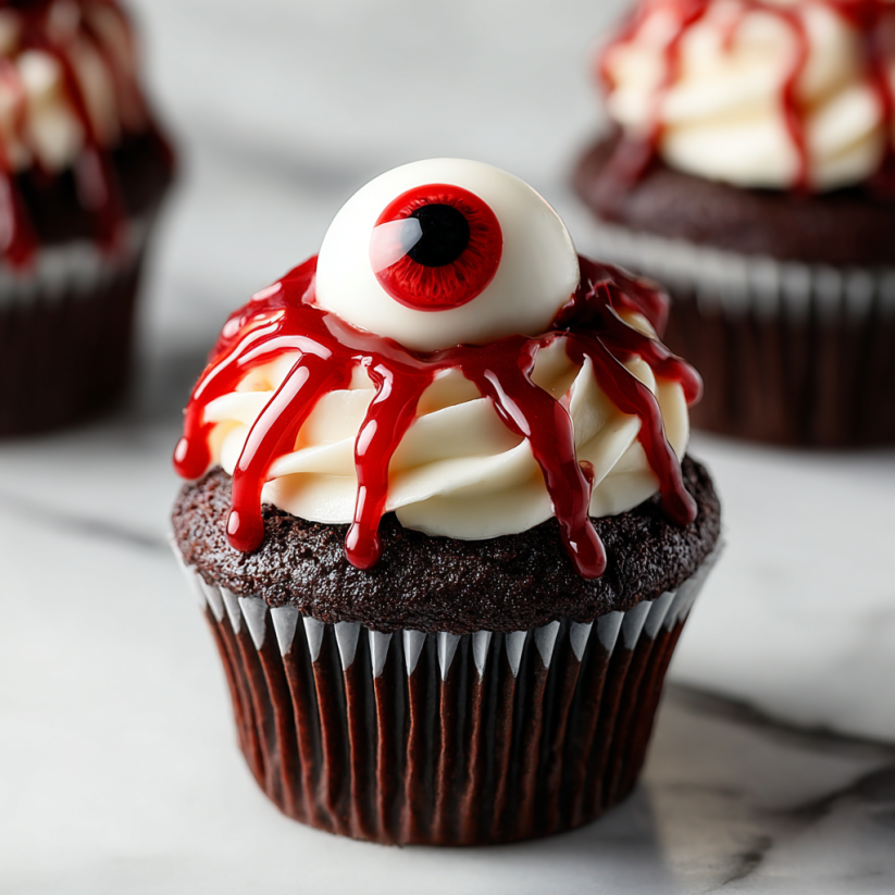 Ein Cupcake mit einem Eyeball-Design auf der Oberseite.