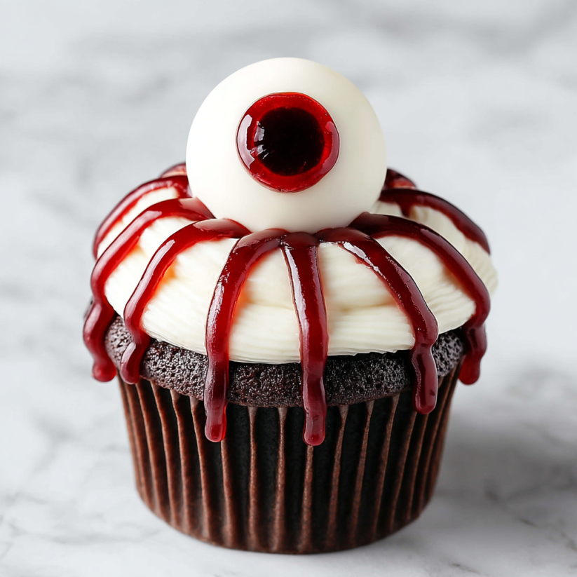 Ein Cupcake mit einem Eyeball-Design auf der Oberseite.