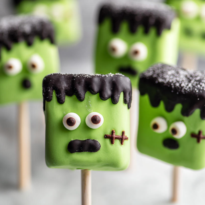 Ein Popsicle mit einer grünen Schicht und einem Gesicht, das wie Frankenstein aussieht.