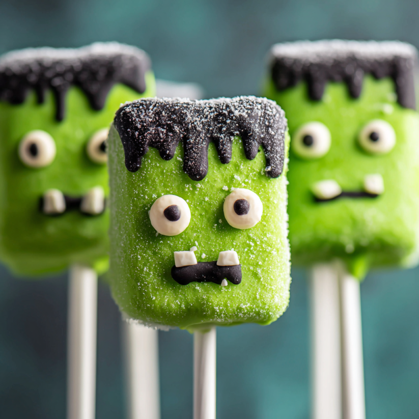 Drei Frankenstein-Kekse mit Kekspoden.