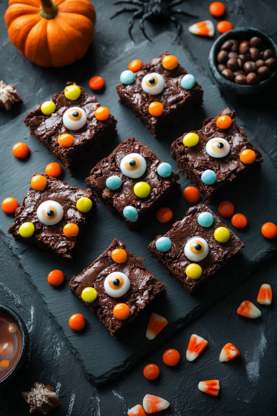 Eine Tafel mit sechs Eyeball Brownies, die mit M&M's und Candy Eyes geschmückt sind.