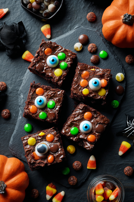 Ein Bild mit Eyeball Brownies, die auf einem Tisch liegen.