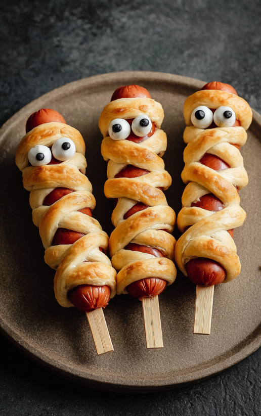 Zwei Hot Dogs, die wie Mummys aussehen, auf einem Teller.