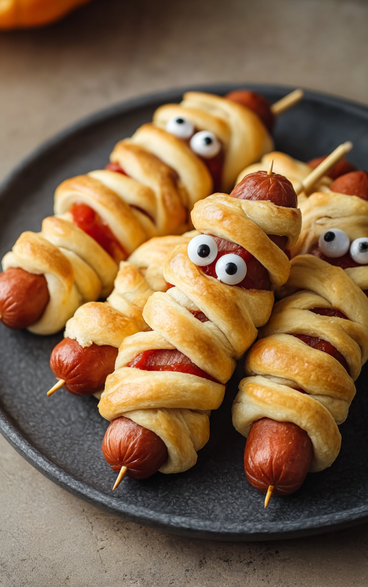 Eine Platte mit Hot Dogs, die in Pretzel-Form gestaltet sind und mit Augen und Nase verziert sind.