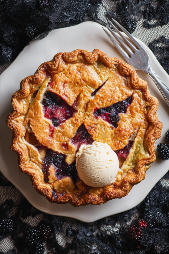 Ein Stück Blueberry Apple Pie mit einer Eiscreme auf dem Deckel.