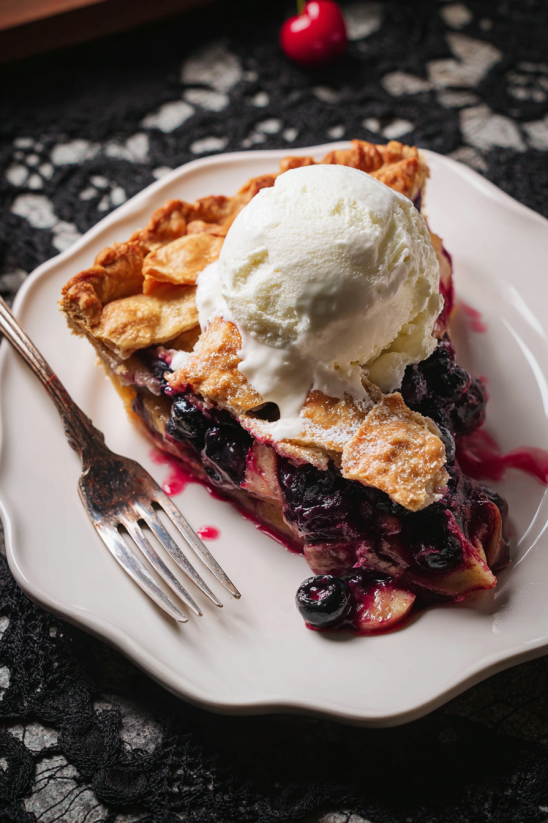 Ein Stück Blueberry Apple Pie mit Eis auf einem weißen Plate.