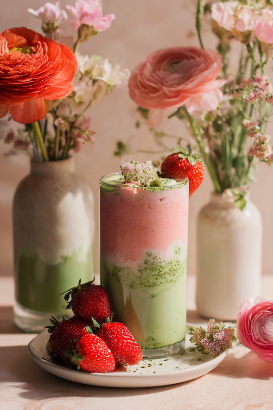 Ein Glas mit einer Iced Strawberry Matcha Latte, die mit Strawberries und Blumen geschmückt ist.