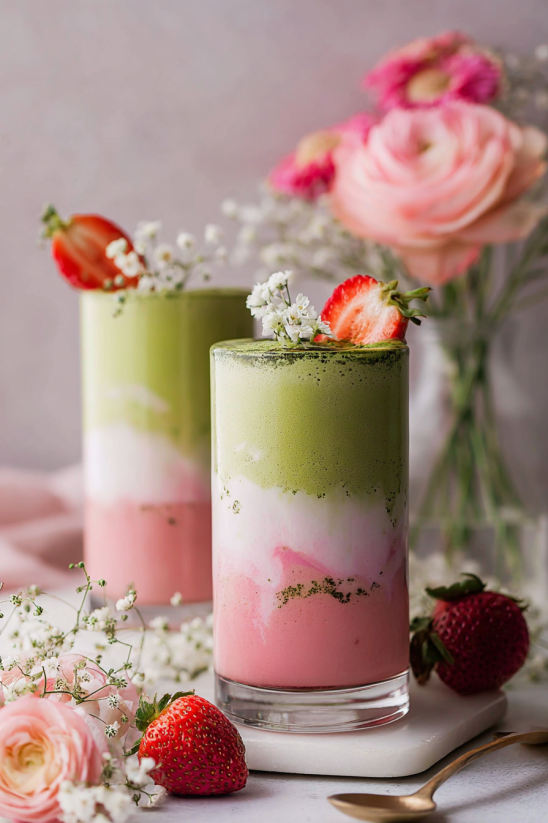 Zwei gläserne Becher mit einem grünen Getränk, der aus Strawberry und Matcha besteht.