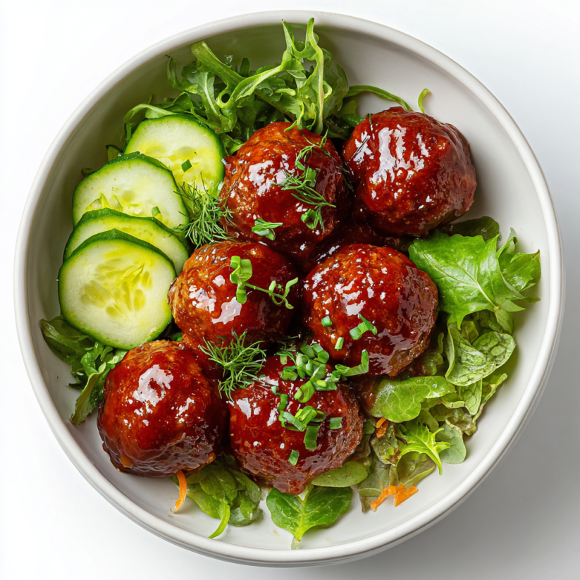 Ein weißer Teller mit Keto BBQ Bacon Meatballs, Zwiebeln und Zucchini.