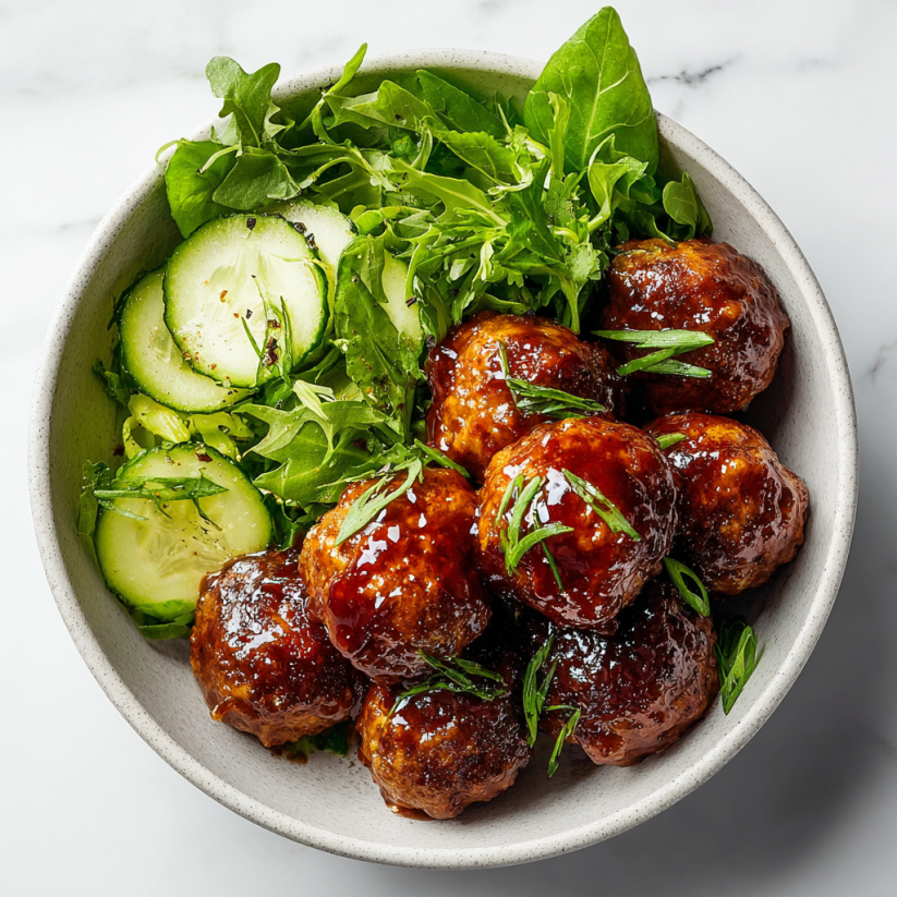 Ein Becher mit Keto BBQ Bacon Meatballs, Zwiebeln und Salat.