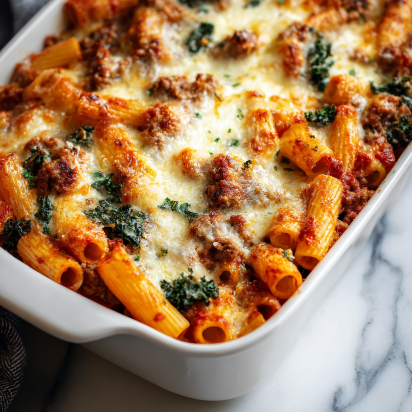 Ein weißer Behälter mit Pasta, Kale und Sausage.