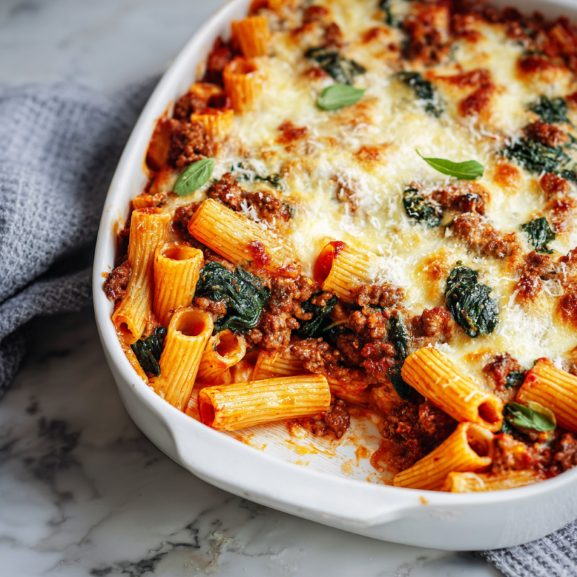 Ein weißer Teller mit einer Pasta-Konfitüre, die mit Kale und Sausage garniert ist.