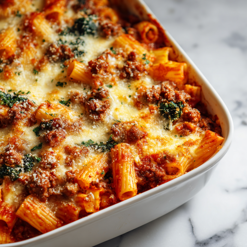 Ein weißer Teller mit einer Pasta-Konfitüre, die mit Käse, Sausage und Kale zubereitet wurde.