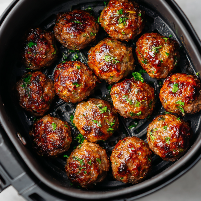 Ein Topf mit Keto Meatballs, die in einem Easy Air Fryer zubereitet wurden.