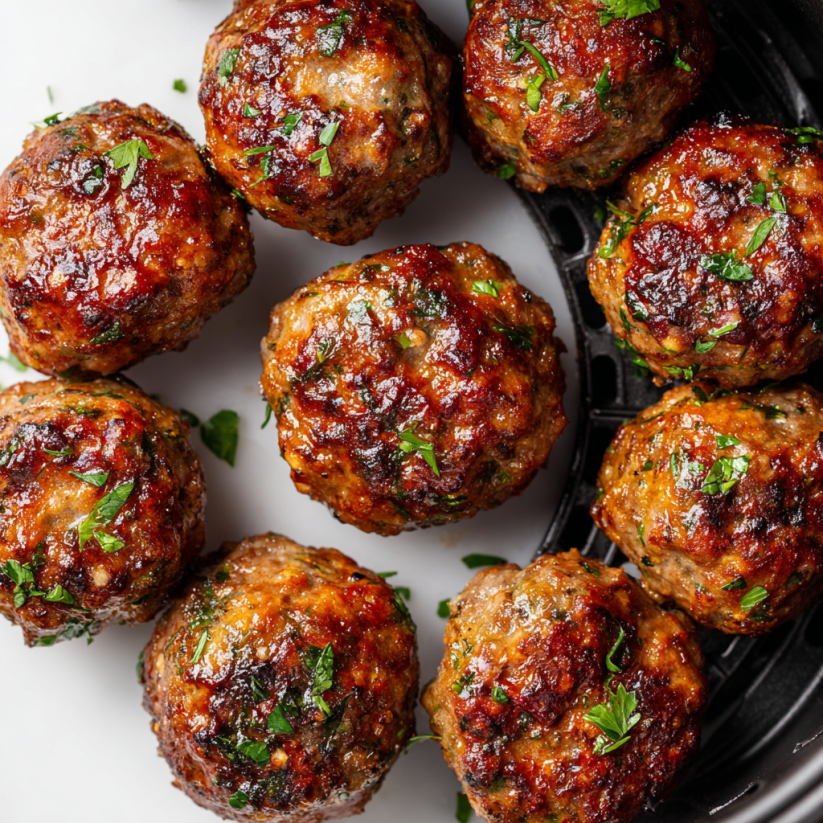 Eine Gruppe von Keto Meatballs in einem Easy Air Fryer.