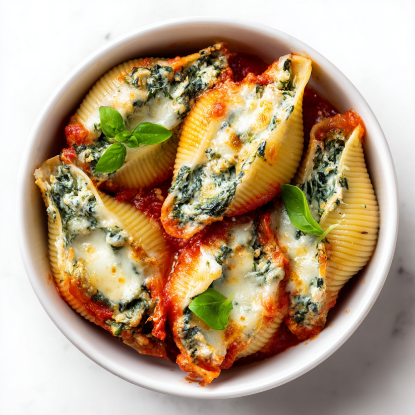 Ein wei&szlig;er Teller mit Spinach and Artichoke Stuffed Shells.
