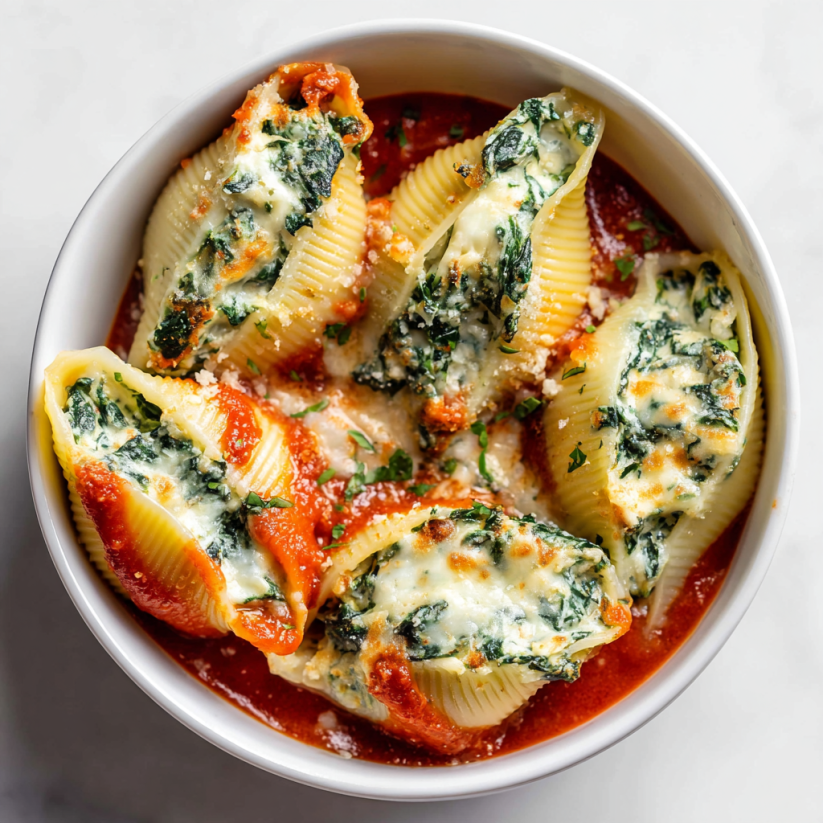 Ein wei&szlig;er Teller mit Spinach and Artichoke Stuffed Shells.