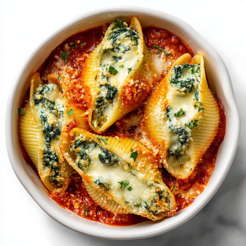 Ein weißer Teller mit Spinach and Artichoke Stuffed Shells.