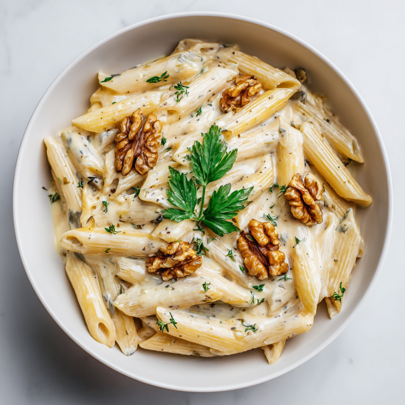 Ein weißer Teller mit Pasta, Walnuss, Gorgonzola und Kräutern.