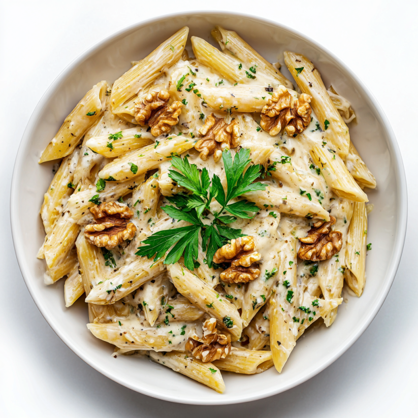 Ein weißer Teller mit Pasta, Walnuss, Gorgonzola und Kräutern.