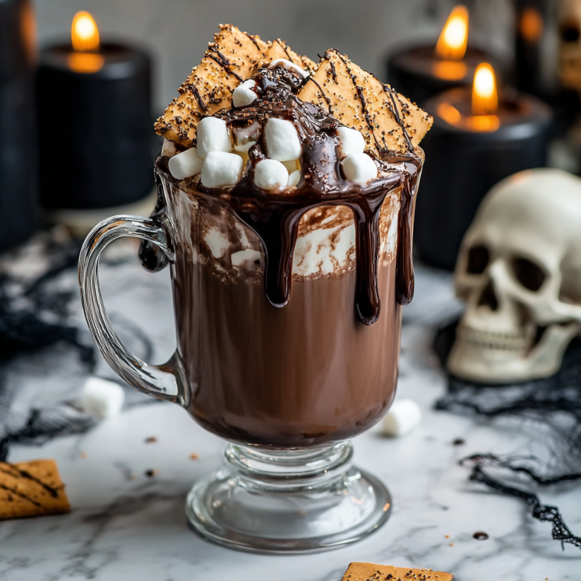 Ein Glas mit S'mores Hot Chocolate auf einem Tisch.
