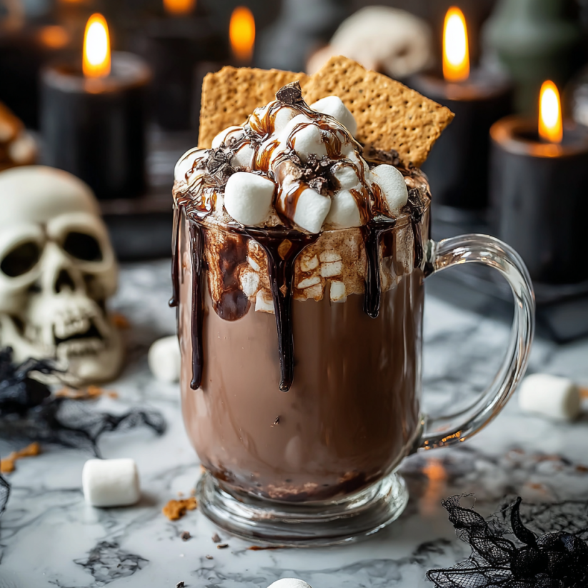 Ein Glas mit S'mores Hot Chocolate auf einem Tisch.
