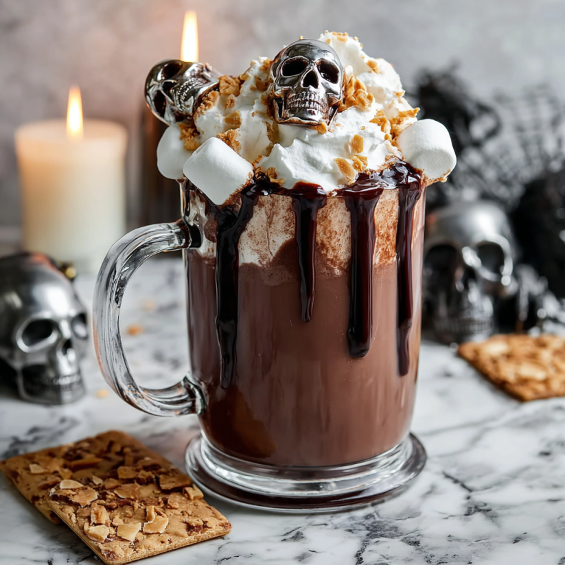 Ein Glas mit S'mores Hot Chocolate, das mit Marshmallows und Schokolade garniert ist.