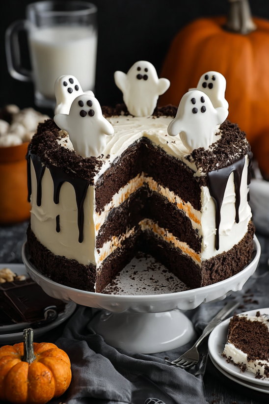 Ein Schokoladenkuchen mit Schokoladenglasur, der in der Mitte in zwei Hälften geteilt wird. Die Hälften sind mit Schokoladenglasur und Schokoladengeschirr umgeben.