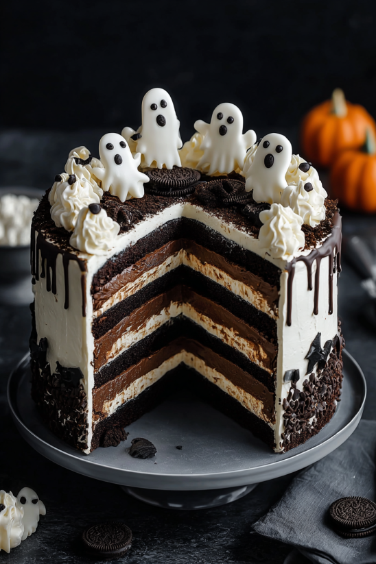 Eine Schokoladenkuche mit einer Schicht aus Schokolade und Vanille, die mit Halloween-Kostümen geschmückt ist.