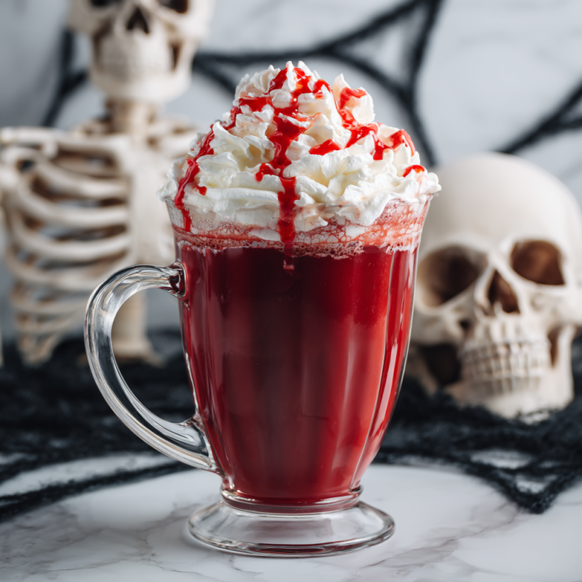 Ein Glas mit Blutrotem Velvet Hot Chocolate.