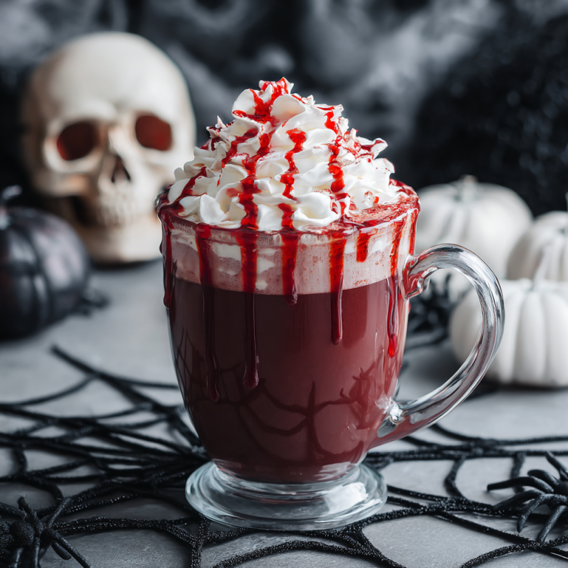 Ein Glas mit Blutrotem Velvet Hot Chocolate.