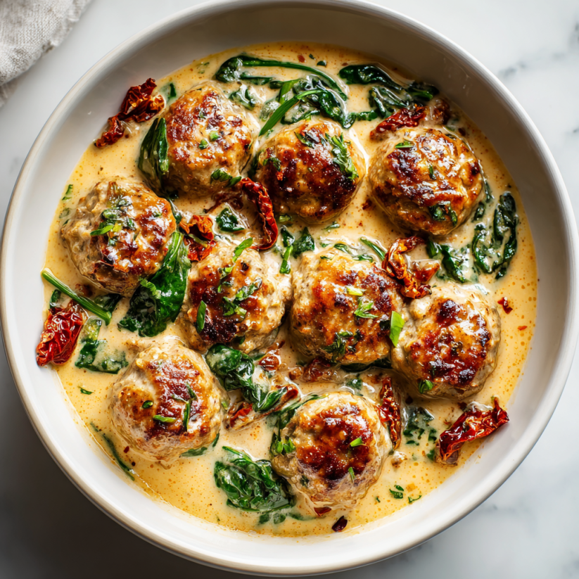 Ein weißer Teller mit creamy Tuscan Keto Meatballs, die mit grünen Blattchen und einer Sauce garniert sind.