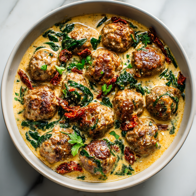 Ein Becher mit creamy Tuscan keto Meatballs, die mit Spinach und Tomaten garniert sind.