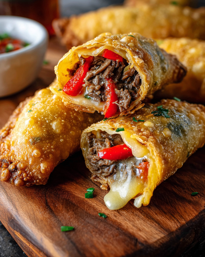 Ein Stück Philadelphia Cheesesteak Egg Rolls auf einem Holzblock.