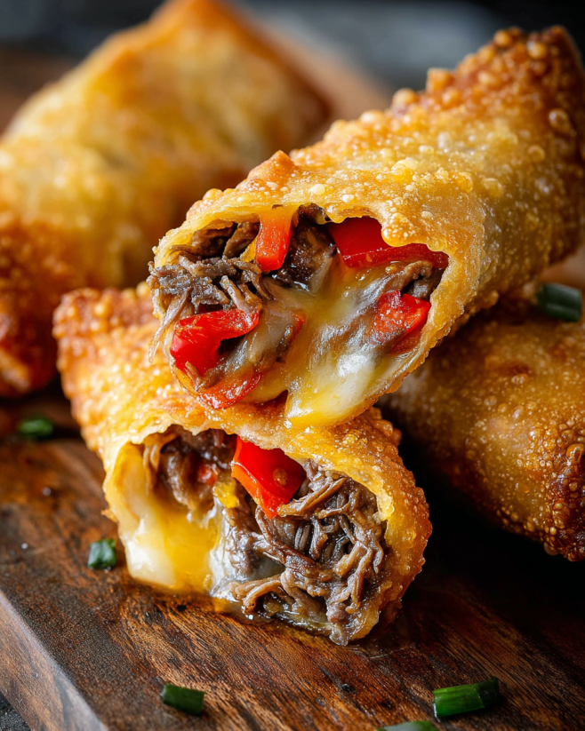 Ein Stück Philadelphia Cheesesteak Egg Rolls auf einem Tisch.